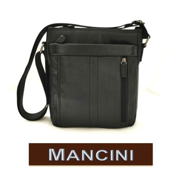 MANCINI Unisex Black Leather Vertical Messenger Bag Padded Shoulder Cros… - Picture 2 of 13